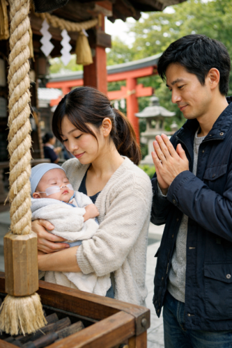 赤ん坊を抱いて参詣する家族