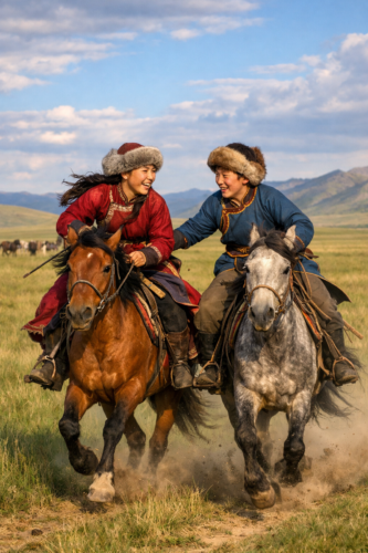 乗馬をしている姉弟